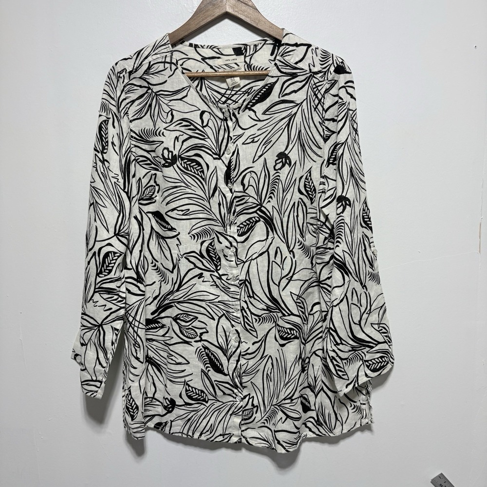 Christian Siriano Blouse Womens 1X Black Floral Linen Button Front Roll Tab Top